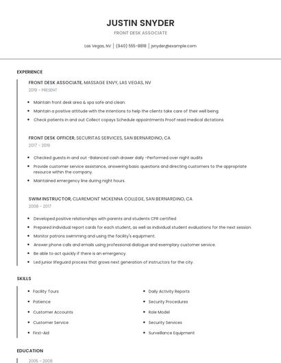 Front Desk Associate Resume