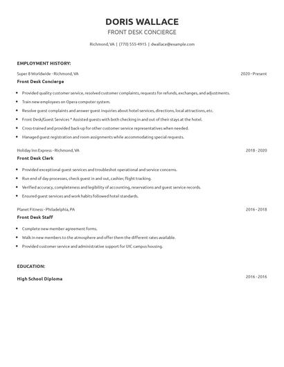 Front Desk Concierge Resume