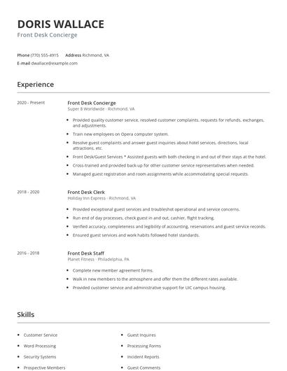 Front Desk Concierge Resume