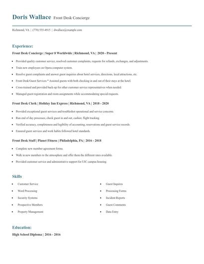 Front Desk Concierge Resume