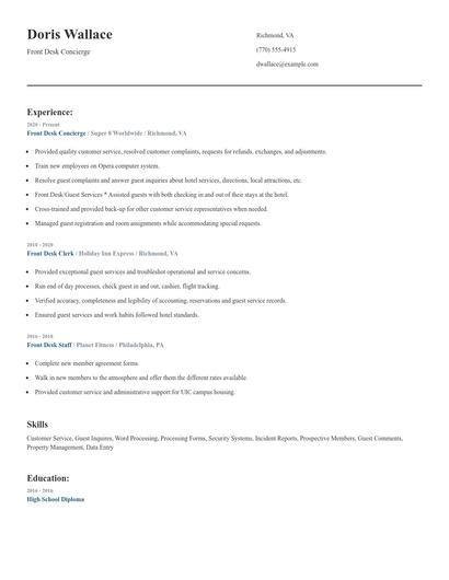 Front Desk Concierge Resume