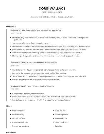 Front Desk Concierge Resume