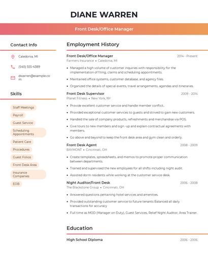 Front Desk/Office Manager Resume