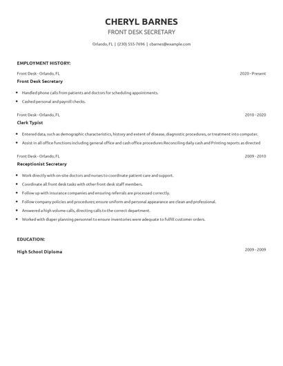 Front Desk Secretary Resume