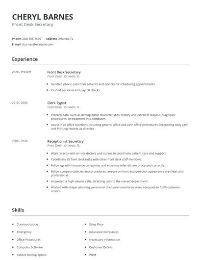 Front Desk Secretary Resume