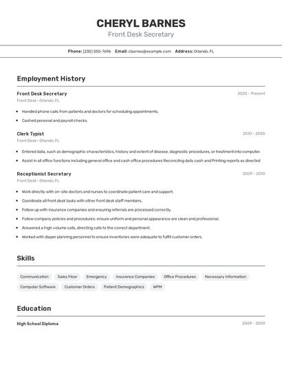 Front Desk Secretary Resume