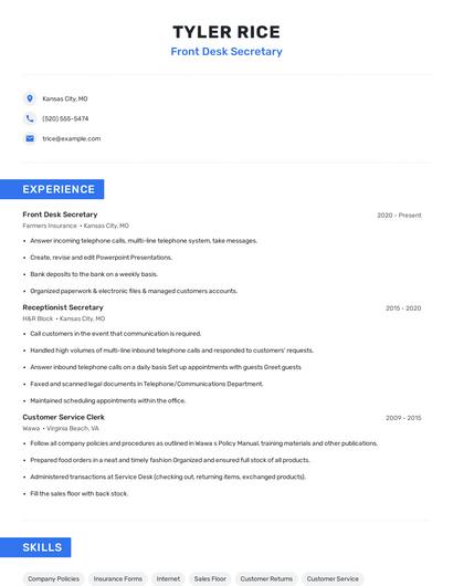 Front Desk Secretary Resume