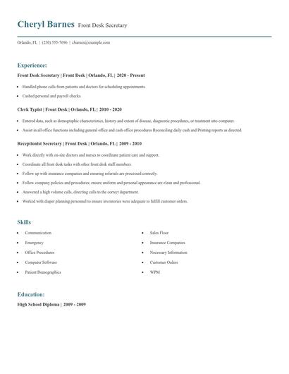 Front Desk Secretary Resume