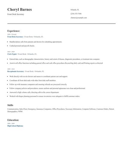 Front Desk Secretary Resume