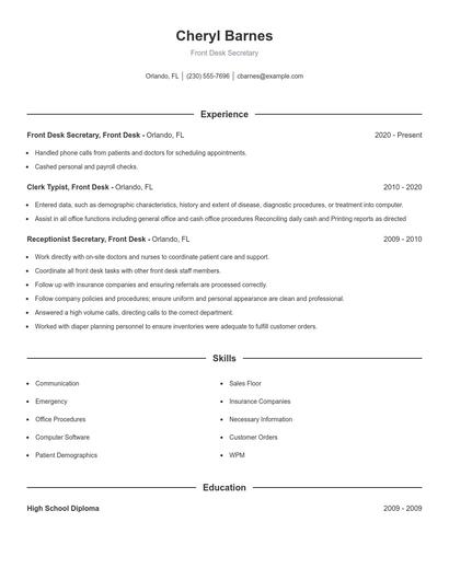 Front Desk Secretary Resume