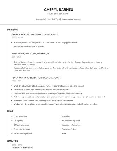 Front Desk Secretary Resume