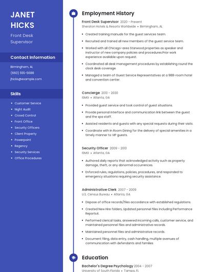 Front Desk Supervisor Resume
