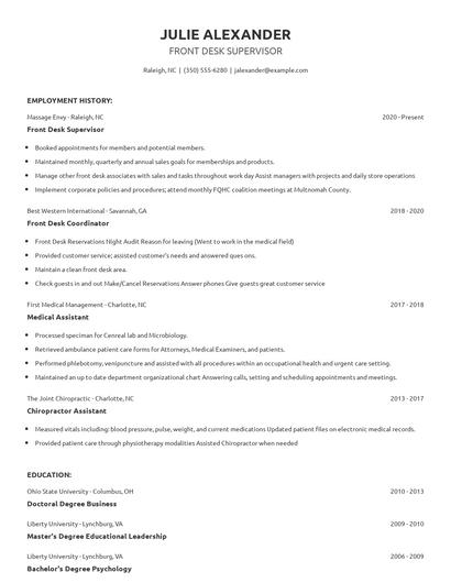 Front Desk Supervisor Resume