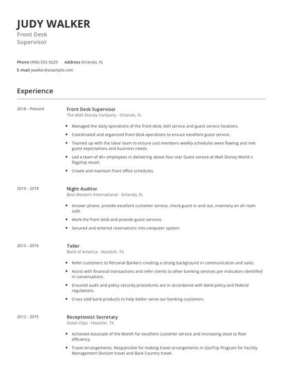Front Desk Supervisor Resume