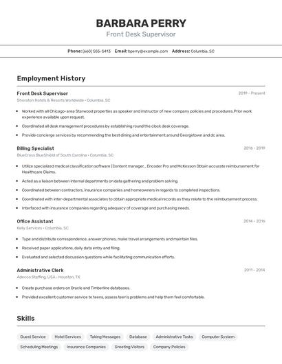 Front Desk Supervisor Resume