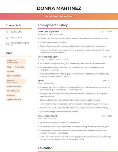 Front Desk Supervisor Resume