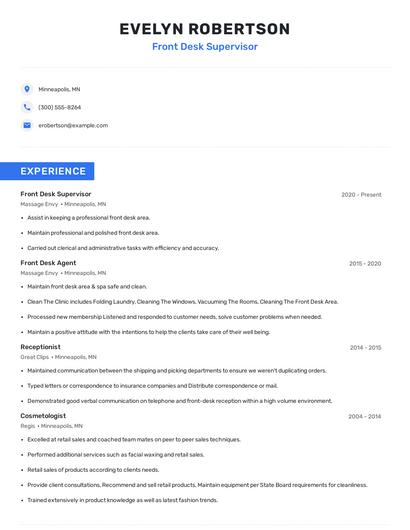 Front Desk Supervisor Resume