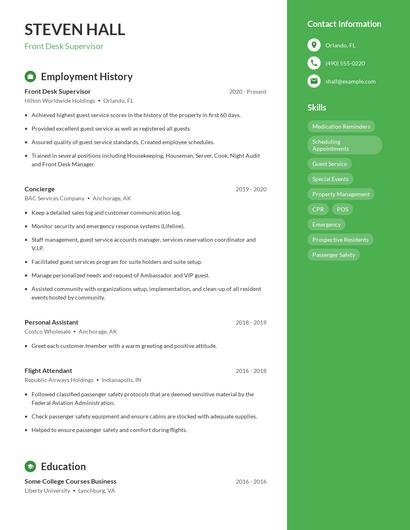 Front Desk Supervisor Resume