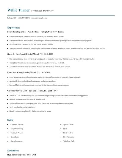 Front Desk Supervisor Resume