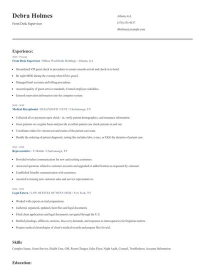 Front Desk Supervisor Resume