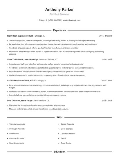 Front Desk Supervisor Resume
