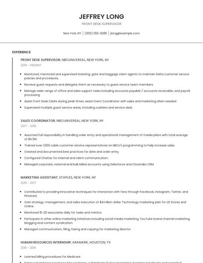 Front Desk Supervisor Resume