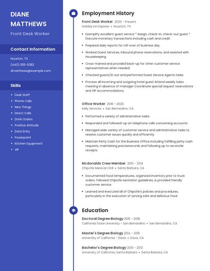 Front Desk Worker Resume