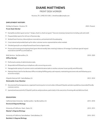 Front Desk Worker Resume