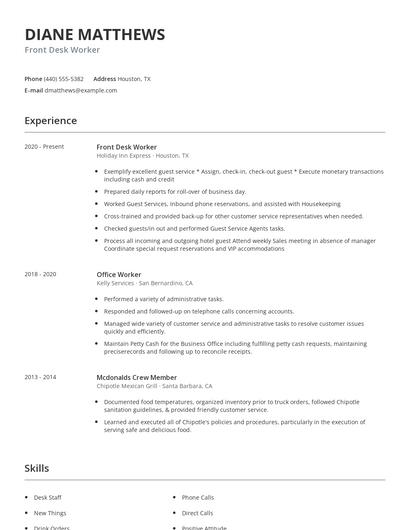 Front Desk Worker Resume