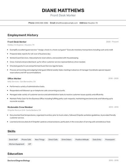 Front Desk Worker Resume