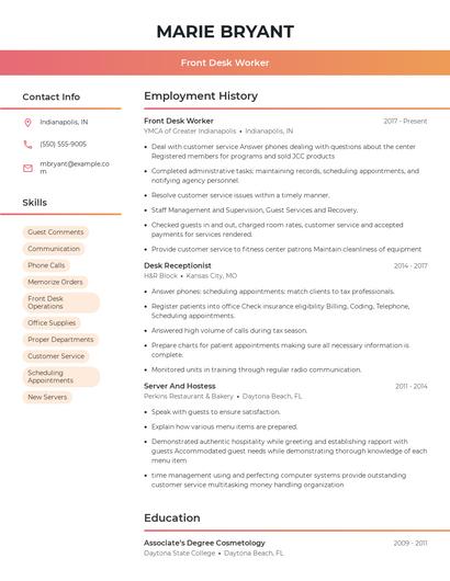 Front Desk Worker Resume