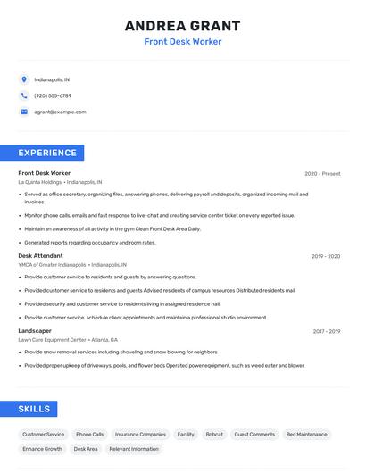 Front Desk Worker Resume