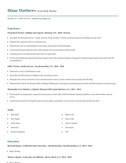 Front Desk Worker Resume