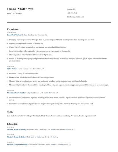 Front Desk Worker Resume