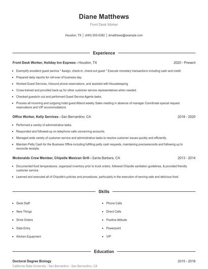 Front Desk Worker Resume