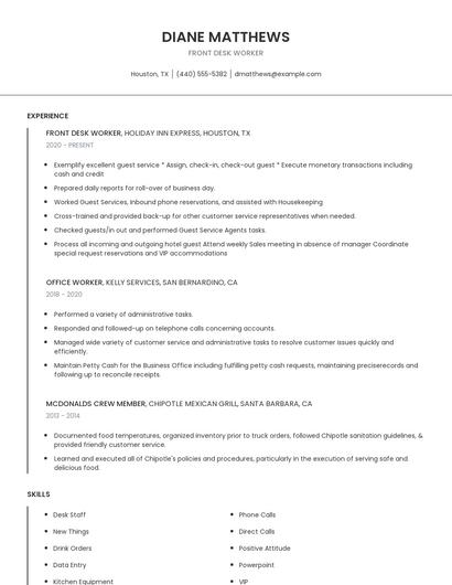 Front Desk Worker Resume