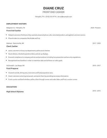 Front End Cashier Resume