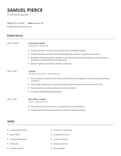 Front End Cashier Resume
