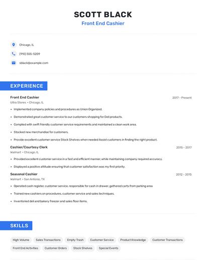 Front End Cashier Resume
