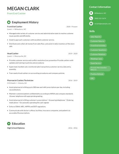 Front End Cashier Resume