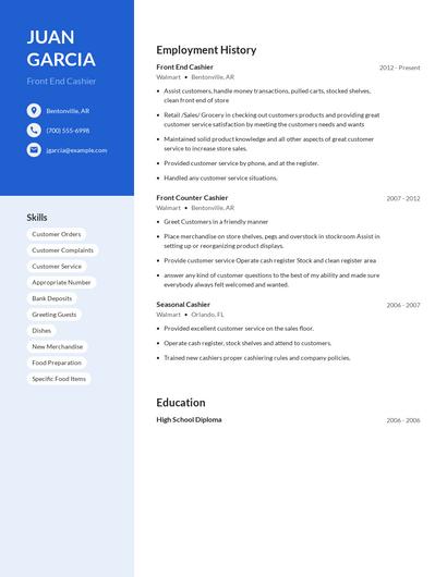 Front End Cashier Resume