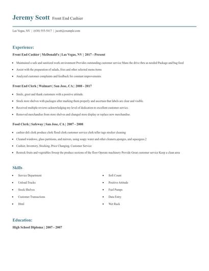 Front End Cashier Resume