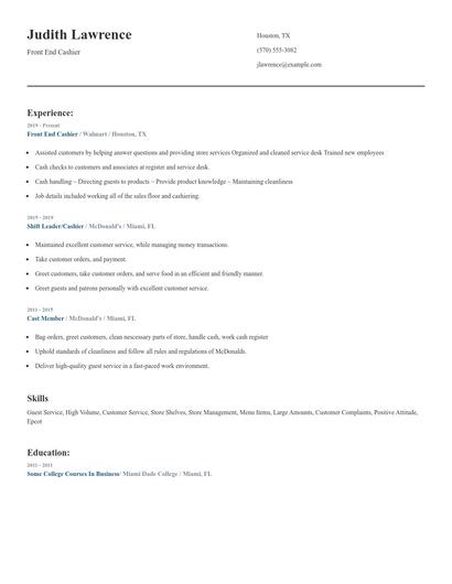 Front End Cashier Resume