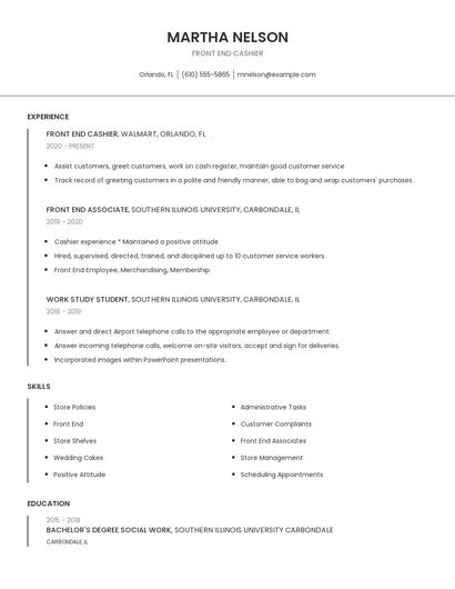 Front End Cashier Resume