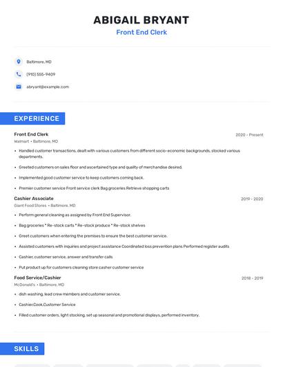 Front End Clerk Resume
