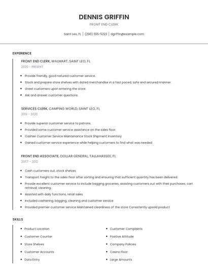 Front End Clerk Resume