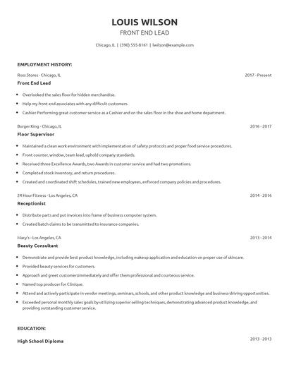 Front End Lead Resume