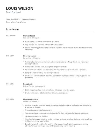 Front End Lead Resume