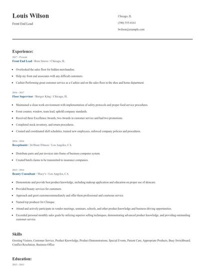 Front End Lead Resume