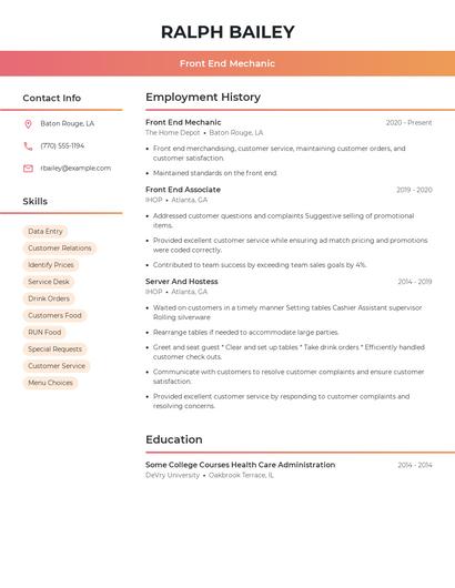 Front End Mechanic Resume